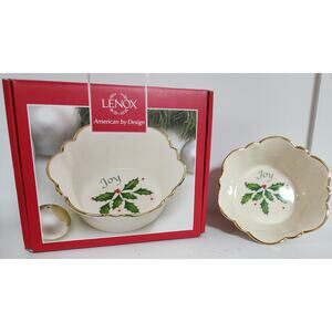 Lenox Holiday Joy Dish 4.5" Fluted 22K Gold Rim w/ Box Vintage Christmas